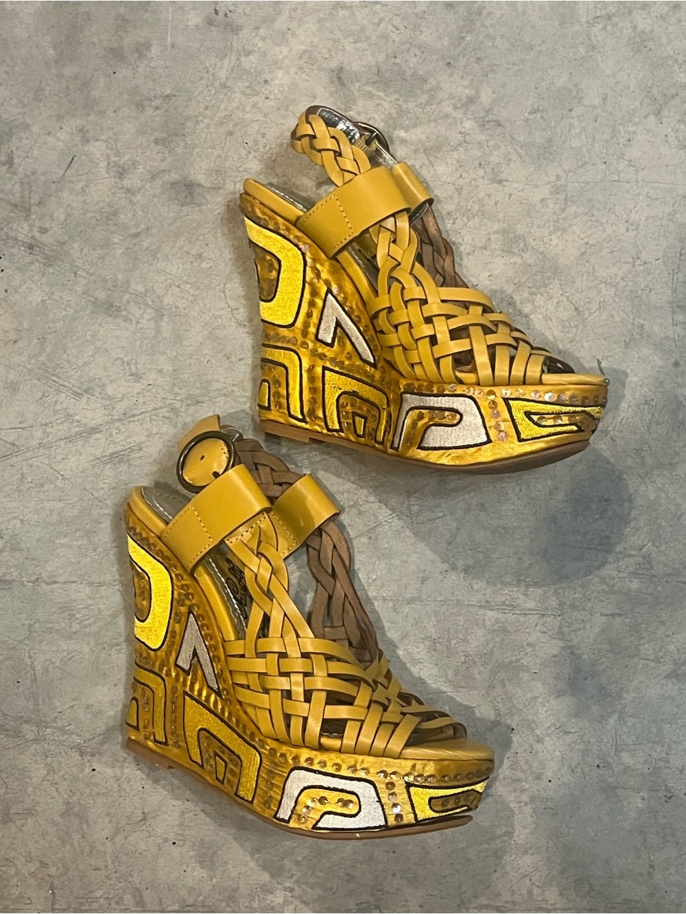 Buckle Yellow Woven Leather Platform Wedge Sandals